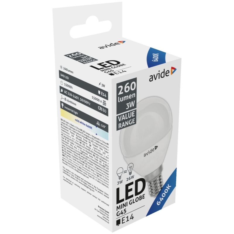 Avide Value LED Στρογγυλή E14 3W Ψυχρό 6400K